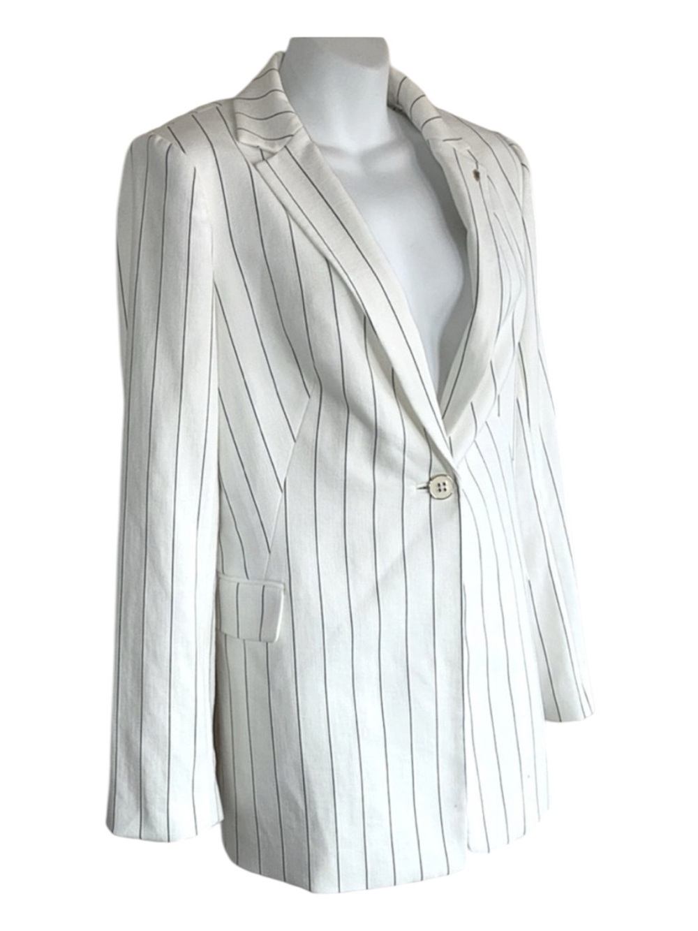 Tommy Hilfiger Blazer Women's 8, Ivory/Black Pinstripes, gold ‘TH’ on lapel. EUC